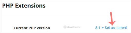 The Set as current button in the CloudLinux PHP Selector, used to apply the selected PHP version