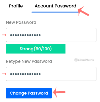 Virtualizor My Profile page with the Account Password tab open, showing the new password fields and the Change Password button
