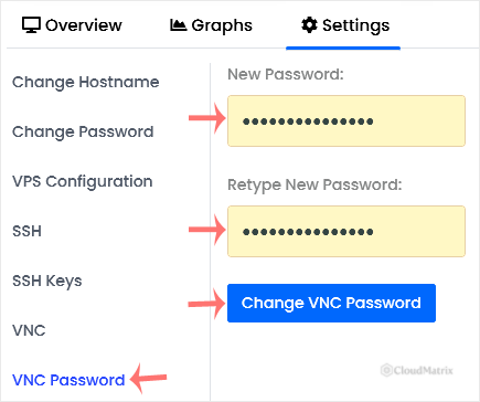 Virtualizor Change VNC Password form with the new password and confirmation fields filled in