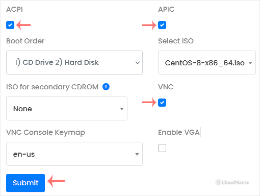Virtualizor VPS Configuration screen showing the VNC, ACPI and APIC tick boxes