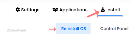The Virtualizor VPS management page with the Install tab selected