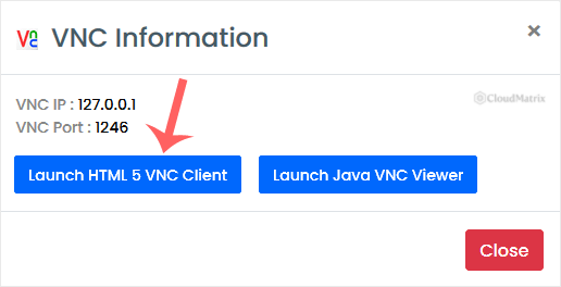 Virtualizor VNC pop-up window with the HTML5 VNC Client option highlighted