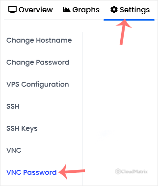 Virtualizor VPS management page with the Settings tab open and the VNC Password option selected