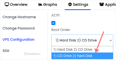 Virtualizor VPS Configuration page with the boot order set to CD Drive first and Hard Disk second