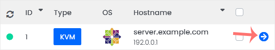 Virtualizor List VPS page with a highlighted VPS row and the Manage icon at the end of the row