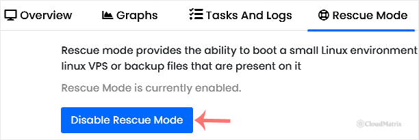Rescue Mode page in Virtualizor showing the Disable Rescue Mode button