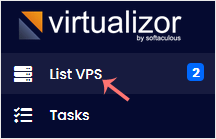 Virtualizor Enduser Panel left side menu with the List VPS option highlighted
