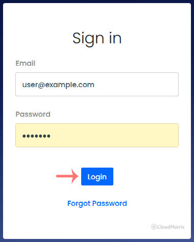 The Virtualizor end user panel sign in page, showing the Email and Password fields, the Forgot Password link and the Login button