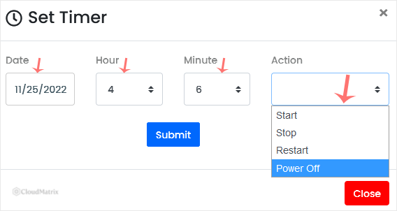 The Virtualizor Self Shut Down form showing the Date, Hour, Minute and Action fields with the Submit button