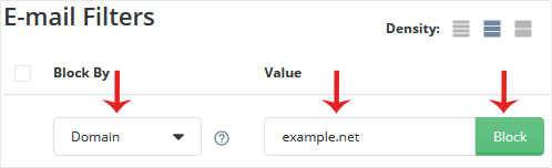The DirectAdmin E-mail Filters page with Block By set to Domain, example.net entered in the Value field, and the green Block button