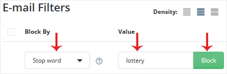 The Block By drop-down set to Stop Word with a word entered in the Value field on the DirectAdmin SPAM Filters page
