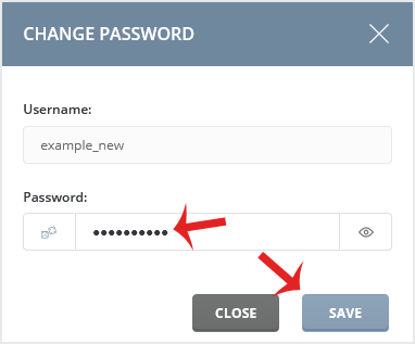 The DirectAdmin change password dialog for a MySQL user, with the password field, generate password icon and Save button