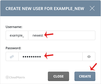 The DirectAdmin form for a new database user showing the username, password and Generate Random Password options