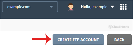 The Create FTP Account button at the top right of the DirectAdmin FTP Management page