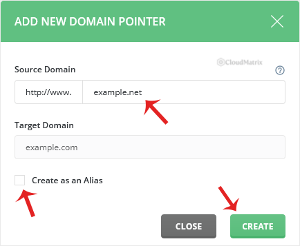 The DirectAdmin Create Domain Pointer form showing the Source Domain field and the Create as an Alias tick box