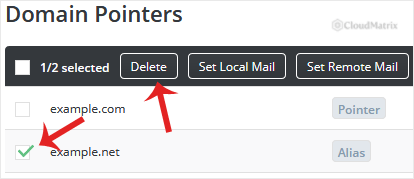 The DirectAdmin Domain Pointers list with a domain alias selected and the Delete button available