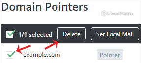 Selecting a domain pointer in DirectAdmin and clicking the Delete button to remove it