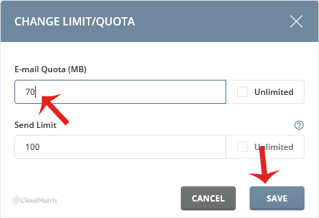 The DirectAdmin Change Limits form with the E-mail Quota field ready for a new value