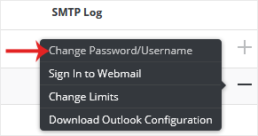 The Change Password/Username option in the DirectAdmin e-mail account actions menu