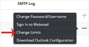 The expanded DirectAdmin row menu showing the Change Limits option