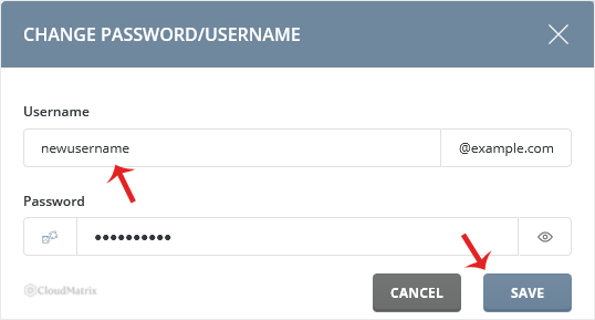 The DirectAdmin Change Password/Username dialog with the Username field being edited to rename the email address