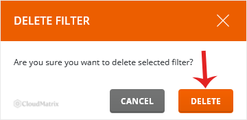 The DirectAdmin Delete Filter confirmation dialogue asking Are you sure you want to delete selected filter, with Cancel and Delete buttons