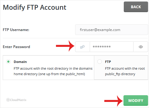 The DirectAdmin FTP account password fields with the Generate Random Password option