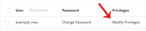 The Users list for a database in DirectAdmin, showing the Modify Privileges option beside a database user