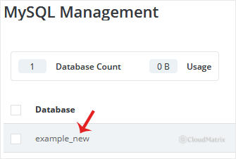 The list of databases in DirectAdmin MySQL Management, with a database selected