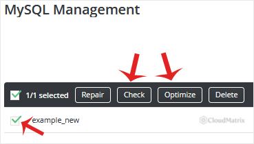 The DirectAdmin MySQL Management database list with a database selected and the Check and Optimize buttons available below