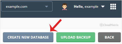 The Create New Database button at the top right of the DirectAdmin MySQL Management page, beside Upload Backup and Back
