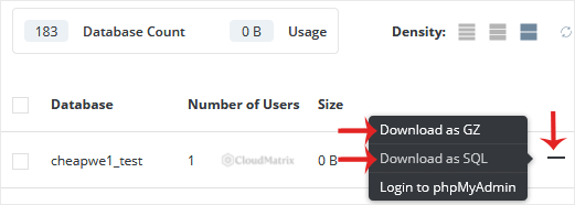 An expanded database row in DirectAdmin MySQL Management showing the Download as SQL and Download as GZ options