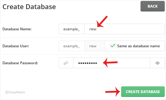 The DirectAdmin Create Database form showing the Database Name and Database User fields with the account name prefix, the Same as database name checkbox ticked, the password field with its generator and reveal icons, and the Create Database button