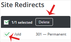 Selecting a redirect entry in DirectAdmin and clicking the Delete button to remove it