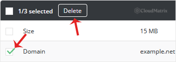 The DirectAdmin spam filter list with the Domain rule for example.net ticked, showing the 1/3 selected counter and the Delete button in the toolbar above