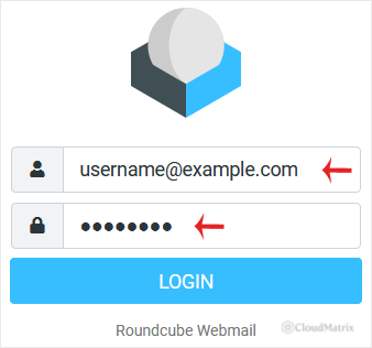 The Roundcube webmail sign-in page with fields for the full email address and password