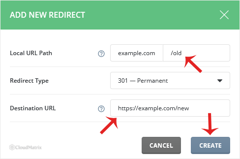 The DirectAdmin Create New Redirect form showing the Local URL Path, Redirect Type and Destination URL fields