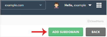 The Add Subdomain button at the top right of the DirectAdmin Subdomain Management page