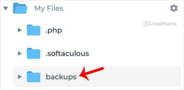 The DirectAdmin File Manager showing the backups directory in the home folder
