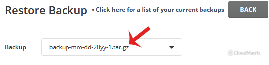 The DirectAdmin drop-down menu listing available backup files to restore