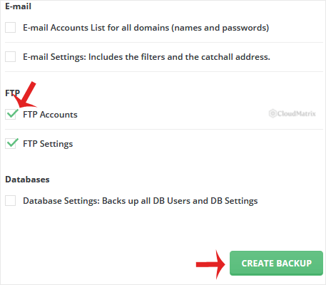 The DirectAdmin Site Backup page with the FTP Accounts and FTP Settings tick boxes selected and the Create Backup button highlighted