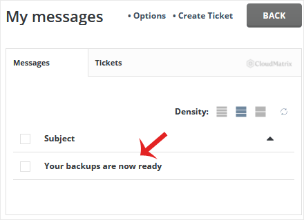The DirectAdmin message system showing the notification confirming that the account backup has finished generating