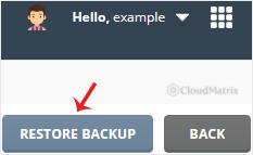 The Restore Backup button at the top right of the DirectAdmin Create/Restore Backups page