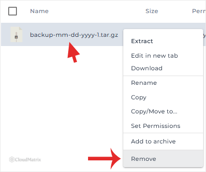 Right-clicking a backup file in the DirectAdmin File Manager and selecting Remove from the context menu