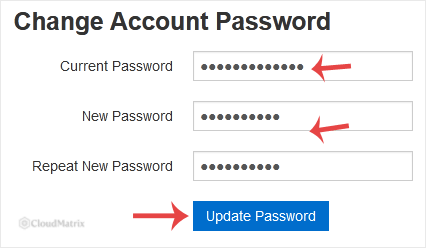 The Change Account Password section of the SolusVM My Account page, showing the Current Password, New Password and Repeat New Password fields above the Update Password button.