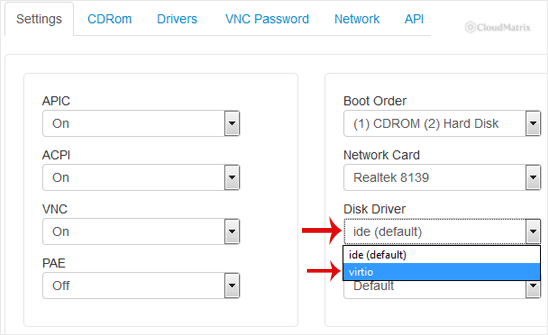 The Settings tab of the SolusVM control panel with the Disk Driver drop-down menu open, showing the Virtio and IDE options for the selected VPS