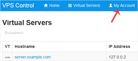 The SolusVM control panel top navigation bar, with the My Account item that opens the account settings page.