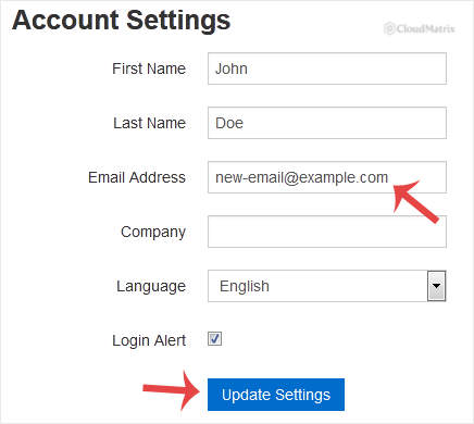 The SolusVM Account Settings form showing the new email address entered and the Update Settings button
