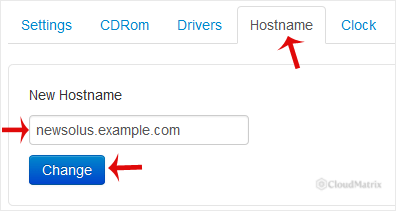 The SolusVM Hostname panel with a new fully qualified hostname typed into the text field and the Change button beside it