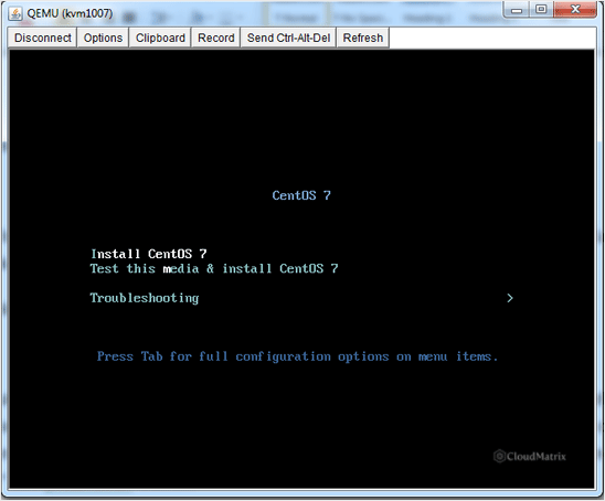 The operating system installer boot menu shown in the VNC console, with the install option selected and other entries such as media test visible